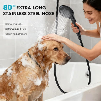 FASDUNT Filtered Shower Head with Handheld, High Pressure 8-Mode Handheld Showerhead with Filters for Hard Water -Remove Chlorine, Built-in Power Wash, 80" Long Hose & Adjustable Bracket, Black