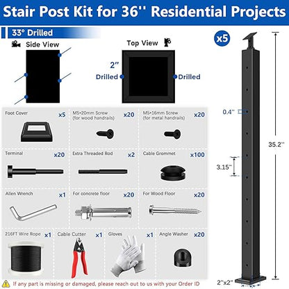 36" Modular 16-20FT Black T304 Stair Cable Railing Post Kit, Cable Railing System with 5 Stair Posts, 216ft 1/8" Wire Rope(No Handrail), Adjustable Length Easy DIY for 28-38° Stairway