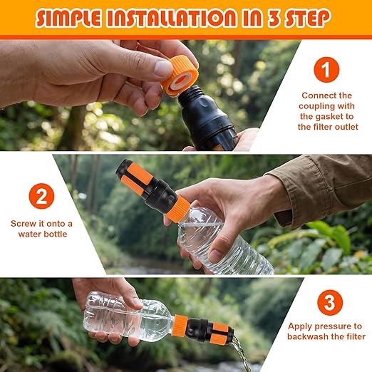 Gerrii 2 Pcs Water Filter Coupling Kit Compatible with SP150, 28 mm Threaded Filtration Couplings for Standard Plastic Bottles, Cleaning Couplers with Gasket Seals for Hiking, Camping (Orange)