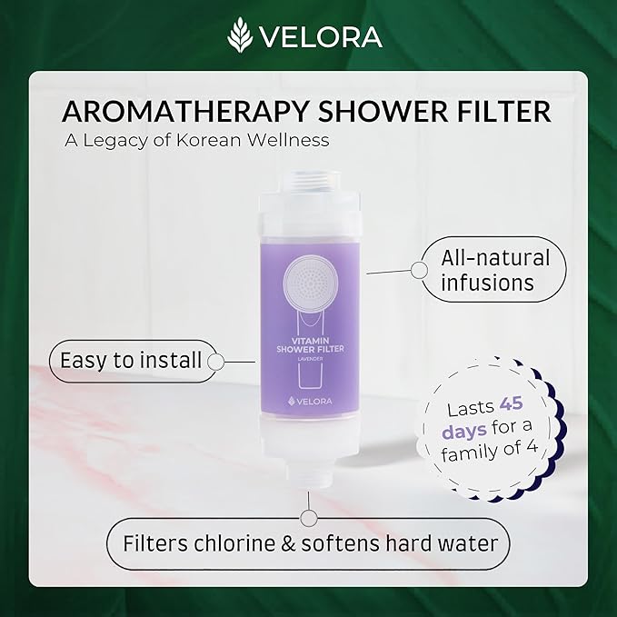 VELORA Vitamin C Shower Filter - Lavender-Scented Aromatherapy Shower Water Filter and Softener - Universal Showerhead Bathroom Attachment - Replenish Dry Skin, Soften and Nourish Hair