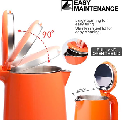 Secura Stainless Steel Double Wall Electric Kettle Water Heater for Tea Coffee w/Auto Shut-Off and Boil-Dry Protection, 1.0L (Orange) SWK-1001DO/HB-K012