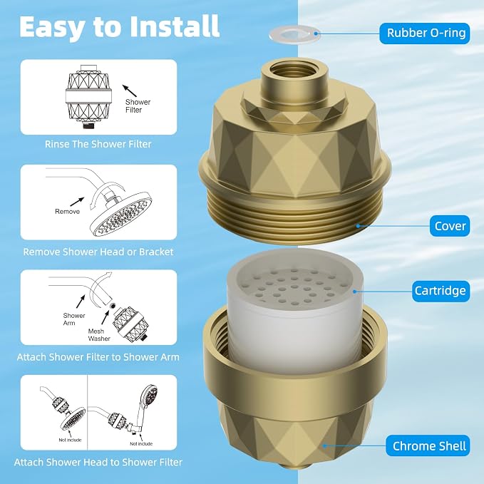 Hibbent Shower Filter for Hard Water, High Output Shower Head Filter to Remove Chlorine and Fluoride, 20 Stage Showerhead Filter, Shower Water Filter with 2 Replaceable Filter Cartridges, Brass Gold