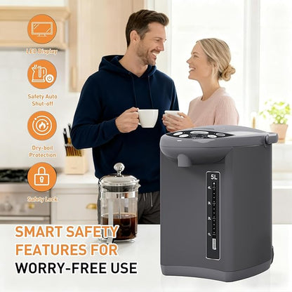 Rosewill Electric Water Boiler and Warmer - 5L/5.3 Qt Stainless Steel Hot Water Dispenser w/Rotating Base, Keep Warm Temperature Set, Auto Shut Off, Safety Lock - Gray