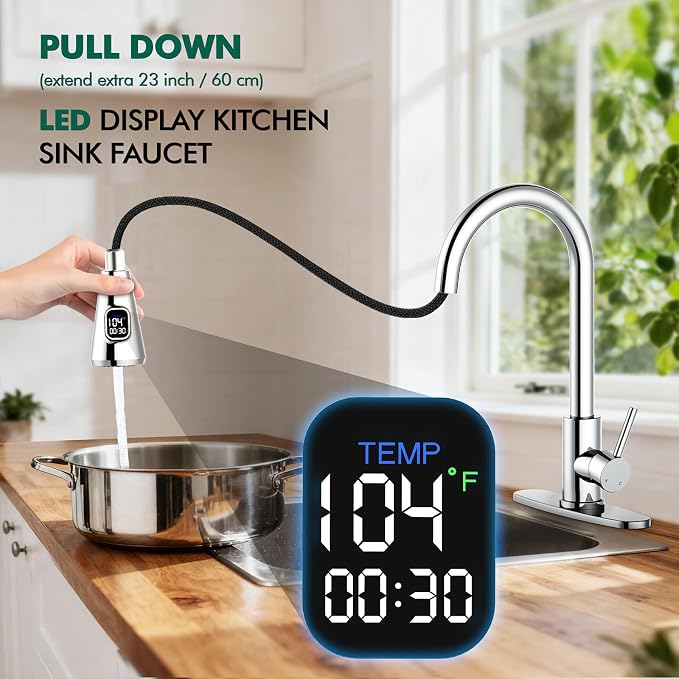 HOMELODY LED Temperature Display Kitchen Faucet with Pull Down Sprayer - Polished Chrome Single Handle Faucet for Kitchen Sink, High Arc Stainless Steel Design for RV Laundry Farmhouse Bar