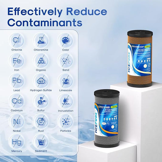 ICEPURE 2-Stage 10" x 4.5" Whole House Carbon Water Filter Set, Activated Carbon Filter and KDF Heavy Metal Removal Cartridge Replacement for WFHDC8001, CB-BB-10, FXHTC, GXWH40L, GXWH35F, Pack of 1