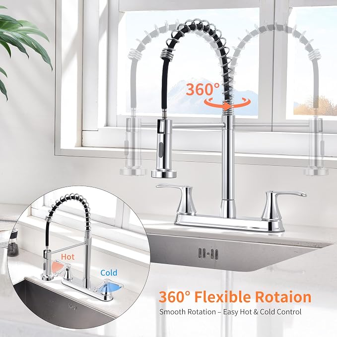 HOMELODY 2 Handles Kitchen Faucet with Pull Down Sprayer for 3 Hole Sink, 360° Rotating Spout Commercial 2 Handle Stainless Steel Kitchen Faucets with Deck Plate Chrome