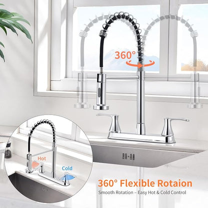HOMELODY 2 Handles Kitchen Faucet with Pull Down Sprayer for 3 Hole Sink, 360° Rotating Spout Commercial 2 Handle Stainless Steel Kitchen Faucets with Deck Plate Chrome