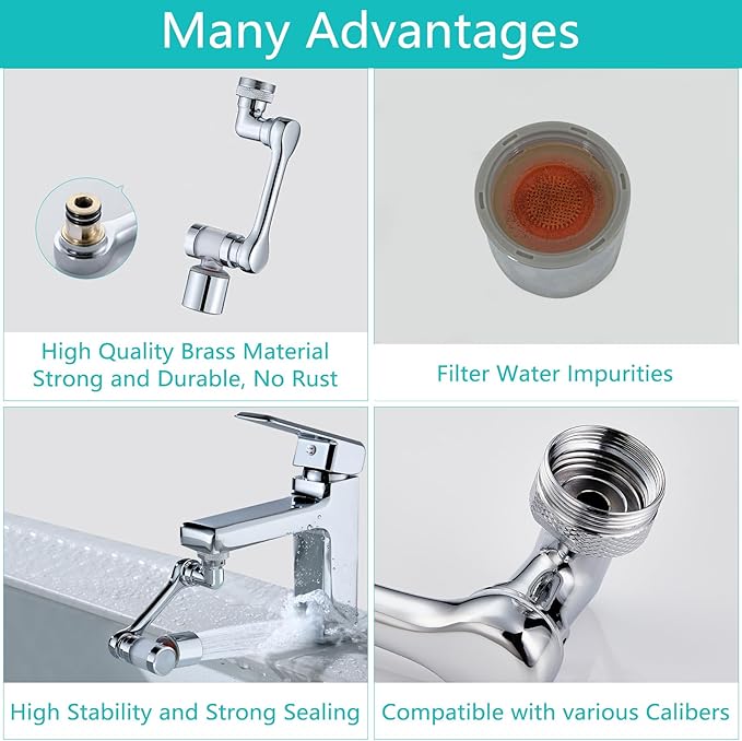 1080°Swivel Faucet Extender with Filter, Sink Water Faucet Aerator Extension in Brass, Swivel Robotic Arm Bathroom Faucet Extender, Kitchen Rotating Extension with 2 Mode Splash