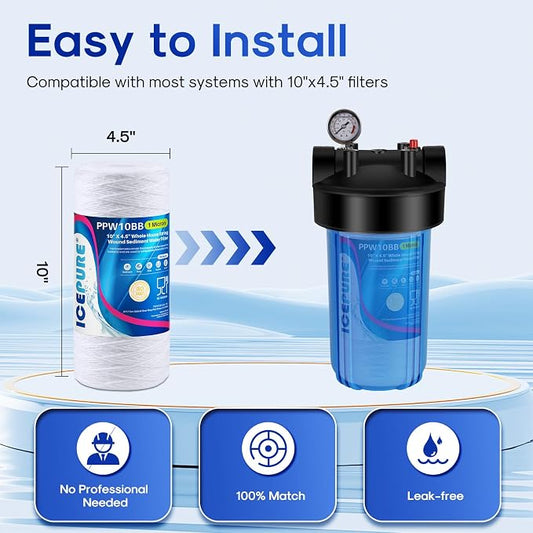 ICEPURE 1 Micron 10”*4.5'' Whole House Sediment String Wound Water Filter Replacement filter for 84637, WPX5BB97P, PC10, 355214-45, 355215-45, WP10BB97P, WP5BB97P, 4 PACK