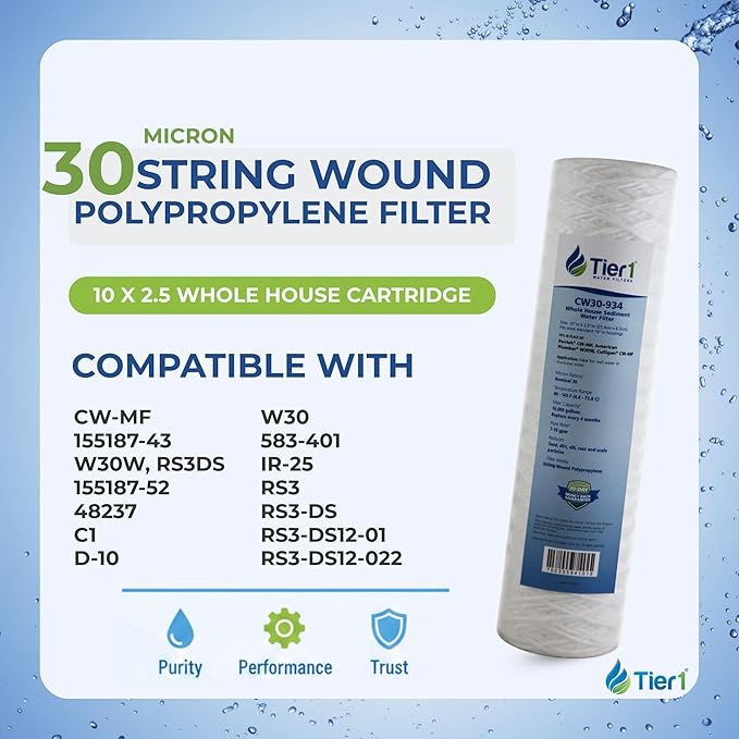 Tier1 30 Micron 10 x 2.5 Water Filter | String Wound Polypropylene Whole House Sediment Water Filter Cartridge | Replacement for Pentek CW-MF, 155187-43, W30W, RS3DS | 2.5 x 10 Water Filter