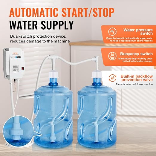 VEVOR Bottled Water Dispenser Pump System, 2x5 Gallon Dispensing System, Automatic Electric Water Dispenser, Double-Pipe Water Jug Pump, Compatible Use with Coffee/Tea Machine, Refrigerator, Ice Maker