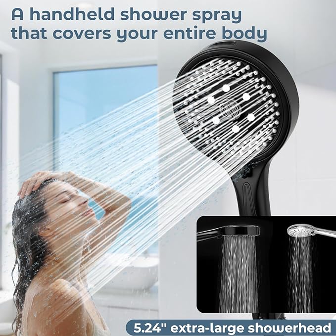 Filtered High Pressure 7-Function Shower Head with Handheld – 5.24" Spray Nozzles, 59" Stainless Steel Hose & Adjustable Shower Holder for Full Body Coverage Black