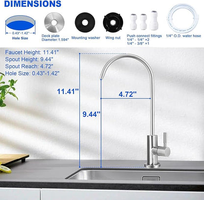 Drinking Water Faucet - Long Thread Stem Filtered Water Tap for Thick Countertop,Lead-Free RO Faucet with Hose and Push Connect Fittings(Brushed Stainless-Flat Top)
