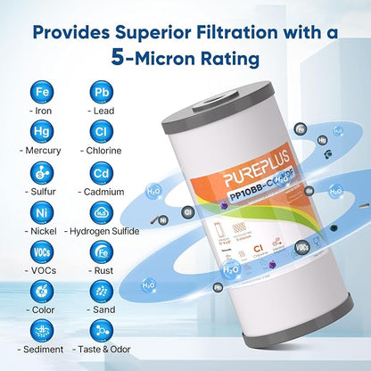 PUREPLUS 5 Micron 10" x 4.5" Whole House PP Sediment Carbon KDF Composite Heavy Metal Reduction Filter Cartridge for GE FXHTC,GXWH40L,GXWH35F,GNWH38S,Culligan RFC-BBSA,WRC25HD,Pentek RFC-BB,3Pack