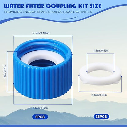 Gerrii 6 Pcs Water Filter Coupling Kit Compatible with SP150, 28 mm Threaded Filtration Couplings for Standard Plastic Bottles, Cleaning Couplers with Gasket Seals for Hiking, Camping (Blue)