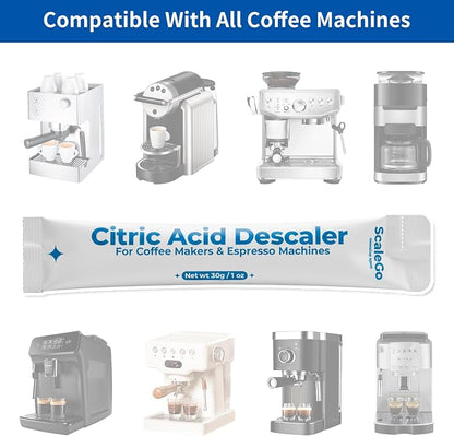 Coffee Machine Cleaner & Descaler | Citric Acid Descaling Powder | Pre-measured Package for Mess-Free Use & Storage | Removes Limescale | Compatible with Keurig, Nespresso, Breville | 4 Uses