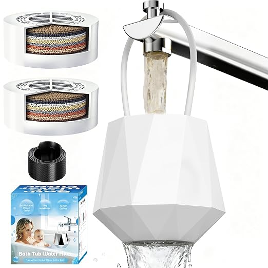 Bathtub Filter, Bath Filter for Tub Faucet, 8-Stage Bath Water Filter with 2 Filters, Removes 90%+ Chlorine & Contaminants, BPA Free, High Flow 2.5 GPM, 77°F-158°F for Softer Skin & Healthier Hair