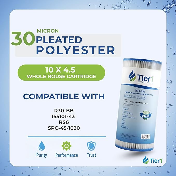Tier1 30 Micron 10 x 4.5 Water Filter | Pleated Polyester Whole House Sediment Cartridge | Replacement for Pentek R30-BB Water Filter, 155101-43, RS6, SPC-45-1030 | 4.5x10 High Flow Pre-Filter (4pk)