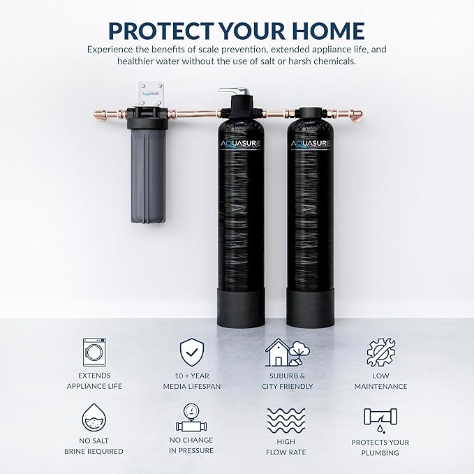 Aquasure Serene Lite 800K Gallons Whole House Salt-Free Water Conditioner/Descaler Bundle with Pleated Sediment Filter and GAC/KDF55 Treatment System for 1-3 Bathrooms | Removes 99% of Contaminants