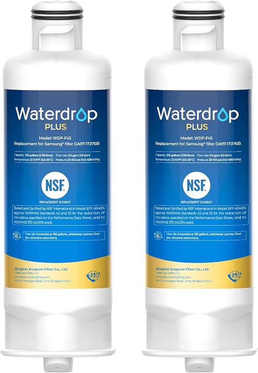 Waterdrop Plus WDP-F45 Water Filter NSF/ANSI 401&53&372 Certified, 2 Pack | Replacement for Samsung® DA97-17376B, HAF-QIN/EXP, DA97-08006C