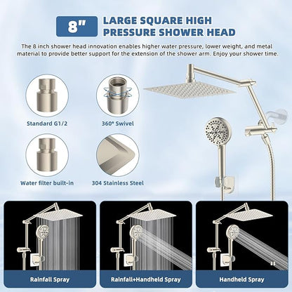 All Metal Rain Shower Head, 8” High Pressure Rainfall Shower Head with Handheld Spray, 5" Large Handheld Showerhead Powerful Clean 10-Mode, 16" Stainless Steel Adjustable Extension Arm, Brushed Nickel