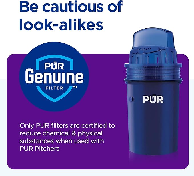 PUR 11-Cup Water Pitcher, 1 Filter, Cleaner, Great-Tasting Water, Dishwasher Safe, Powerful Filtration, Filter Change Light Indicator, LockFit Cap Design, White