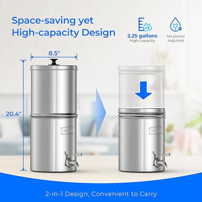 Waterdrop TK-AD Alkaline Gravity Water Filter System, Increase PH | Reduces Lead and Chlorine, with 2 Black Carbon Filters and Metal Spigot for Home, Camping, Travel, Emergencies, 2.25G