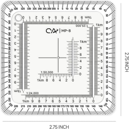 CYA MP-8 Square Military Map Coordinate Scale Protractor - 7x7cm UTM Tool | Square 7x7cm UTM map protractor for 1:24k, 1:25k & 1:50k scales. Features degree compass rose & white edge for navigation.
