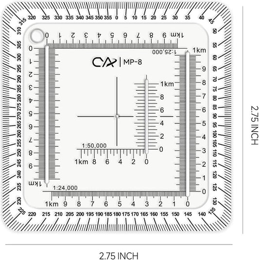 CYA MP-8 Square Military Map Coordinate Scale Protractor - 7x7cm UTM Tool | Square 7x7cm UTM map protractor for 1:24k, 1:25k & 1:50k scales. Features degree compass rose & white edge for navigation.