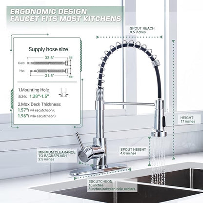 WEWE Chrome Kitchen Faucet, Faucet for Kitchen Sink with Pull Down Sprayer Kitchen Faucet with Deck Plate Stainless Steel Single Handle Spring for Farmhouse Utility Bar Laundry Sinks
