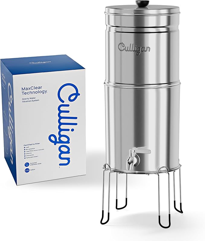 Culligan MaxClear 2.25 Gallon Gravity Water Filter System, Polished Stainless-Steel Countertop Water Filter NSF/ANSI Certified to Reduce Microplastics, Lead & Total PFAS, with 2 Ceramic Filter