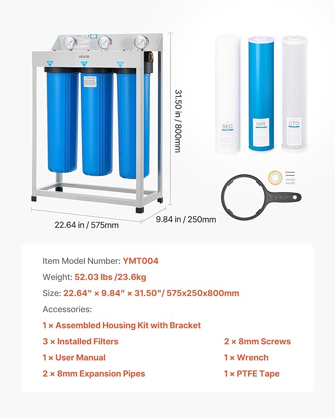 VEVOR Whole House Water Filter System, 3-Stage | Sediment, IMR, CTO | 4.5" x 20" Home Water Purifier Filter Reduce Iron, Manganese, Chlorine, Bad Taste, Odor, Rust