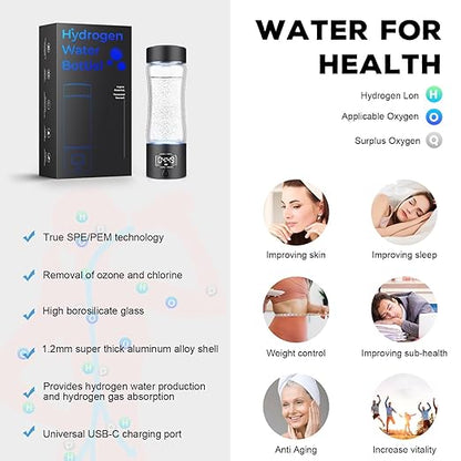 Hydrogen Water Bottle Generator with SPE/PEM Technology, 5000PPB,Portable Rechargeable Hydrogen Water Ionizer Machine for Home,Office, Gym,Travel -Gift for Holidays