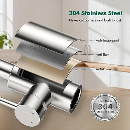 HOMELODY LED Temperature Display Kitchen Faucet with Pull Down Sprayer - Brushed Nickel Single Handle Kitchen Sink Faucet, High Arc Stainless Steel Design for RV Laundry Farmhouse Bar