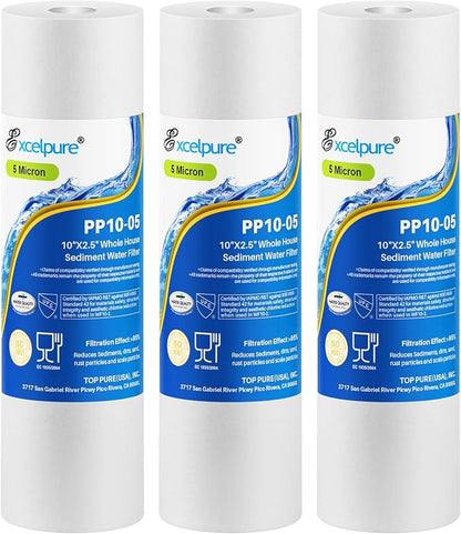 EXCELPURE 5 Micron 10" x 2.5" Whole House Sediment Home Water Filter Cartridge Replacement for Any 10 inch RO Unit, Culligan P5, Aqua-Pure AP110, Dupont WFPFC5002, CFS110, WHKF-GD05, PP10-05, 3PACK