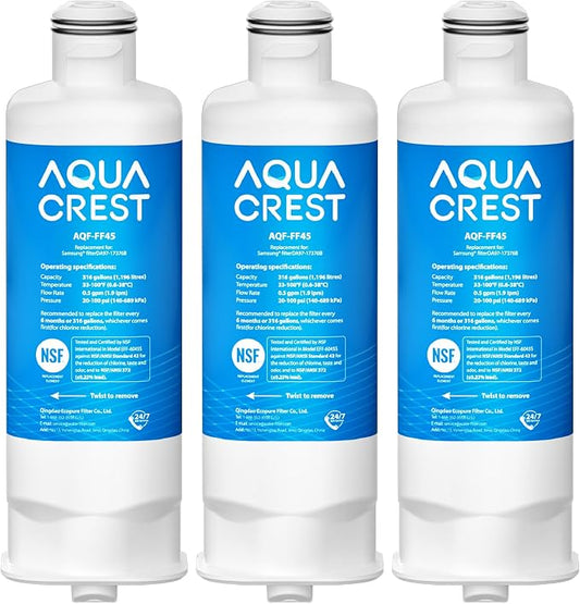 AQUA CREST AQF-FF45 Replacement for Samsung® DA97-17376B, DA97-08006C, HAF-QIN/EXP, RS27T5200SR, RF28T5001SR, RF24R7201SR, RF28R6201SR, Refrigerator Water Filter, 3 Pack