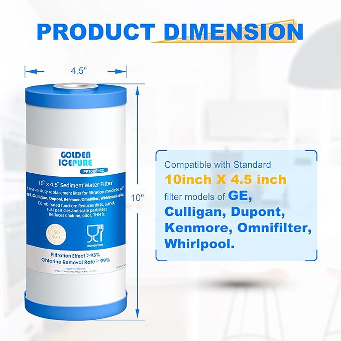 GOLDEN ICEPURE PP10BB-CC Whole House Water Filter Cartridge, 5 Micron 10" x 4.5" FXHTC Sediment and Carbon Water Filter Replacement Cartridge for GXWH40L, GXWH35F, GNWH38S, RFC-BBSA, WRC25HD