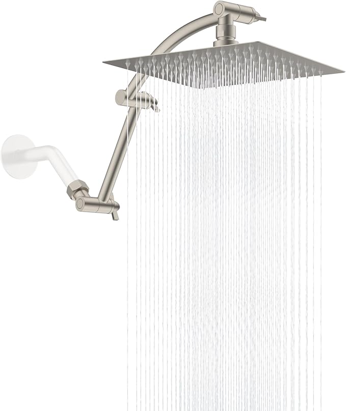 Hibbent All Metal Rain Shower Head, 8'' High Pressure Rainfall Square Showerhead with 16" Shower Extension Arm, Solid Brass Adjustable Shower Arm Extender, Waterfall Fixed Showerheads, Brushed Nickel