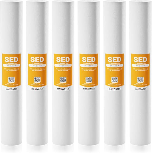 Max Water Slim Blue 1 Micron 20 inch x 2.5 inch Whole House Melt-Blown Polypropylene Sediment Water Filter Replacement Cartridge SDC-25-2005 P5-20 (Pack of 6)