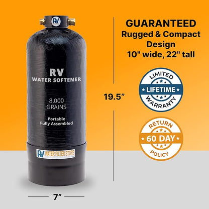 Essential RV Water Softener Portable 8,000 Grain w Custom Hose, 3/4" Fittings, Softens Hard Water for RV's Vanlife Nomads Boondockers, New Lighter & Compact Model Easy Storage