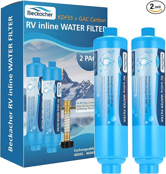 2-pack Advanced RV Inline Water Filter with Flexible Hose Protector | KDF&GAC Reduces Bad Taste, Odors, Chlorine, and Sediment, Camping Essentials for Fresh Drinking Water