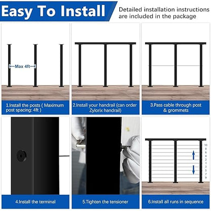 36" Modular 20-24FT Black T304 Cable Railing Post Kit, Complete Cable Railing System with 6 Level Posts & 259ft 1/8" Wire Rope(No Handrail), Adjustable Length Easy DIY for Decks/Porch
