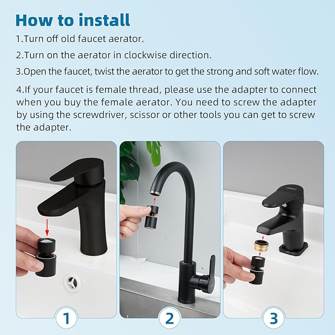 Hibbent NSF/ANSI/CAN 61 Certified Faucet Aerator, CUPC Certification 360° Swivel Kitchen Sink Aerator, 2-Flow Sink Sprayer Attachement, Faucet Replacement Part 55/64 Inch Female Thread - Matte Black
