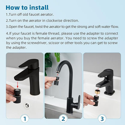 Hibbent NSF/ANSI/CAN 61 Certified Faucet Aerator, CUPC Certification 360° Swivel Kitchen Sink Aerator, 2-Flow Sink Sprayer Attachement, Faucet Replacement Part 55/64 Inch Female Thread - Matte Black