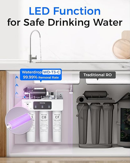 Waterdrop T3-C Reverse Osmosis Water Filter, NSF/ANSI 372 Certified, 8-Stage Under Sink RO Water Filter, 450 GPD Tankless Water Filtration System, 2:1 Pure to Drain, BPA Free, Plug-in Required