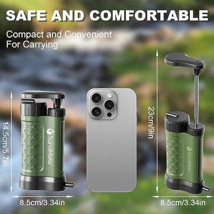 SurviMate Water Purifier Survival Pump，0.01 Micron 5-Stage Water Purifier System，Hand Pump Water Filter Portable Outdoor Emergency，Camping, Hiking, Backpacking