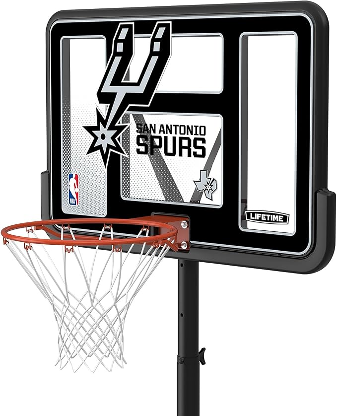 Lifetime NBA San Antonio Spurs Portable Basketball Hoop, Adjustable Height 7.5-10 Ft, 44 Inch Shatterproof Fusion Backboard, Base with Wheels