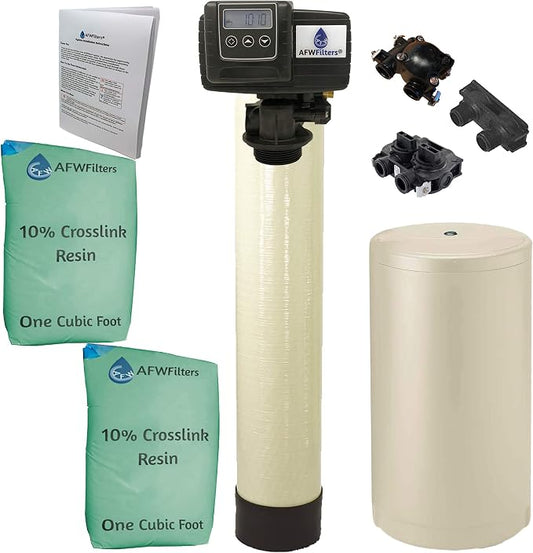 AFWFilters 2 cubic Foot (64k) Whole Home Water Softener with Durable 10% Crosslink Resin, 3/4" Plastic MNPT Connection, and Almond Tanks
