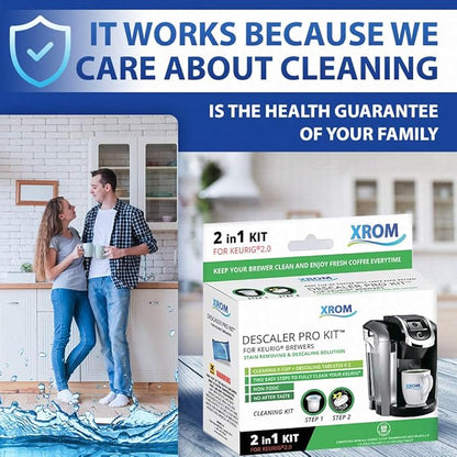 XROM Plant Based Descaling & Cleaning Kit, Compatible With All K-Cup Keurig 2.0 Brewers, All Natural Ingredients, Rinse Pods, Descaler Solution For Keurig Coffee Makers< 2 Uses.