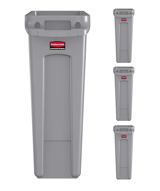 Rubbermaid Commercial Products Slim Jim Trash Can Waste Bin with Venting Channels, Gray, for Kitchen/Office/Workspace, Pack of 4